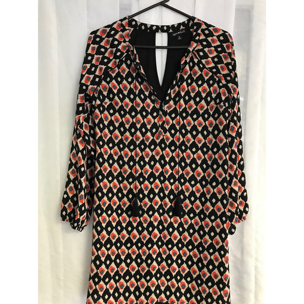 Sequin Hearts Women‎ Black Orange Ikat Geometric Tassel V-Neck Shift Dress M
